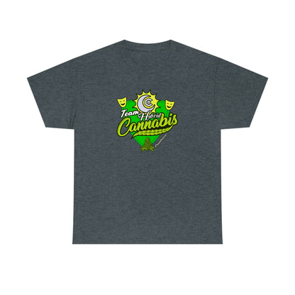 a gray Team Hybrid Cannabis T-Shirt with the word cannabis on it.