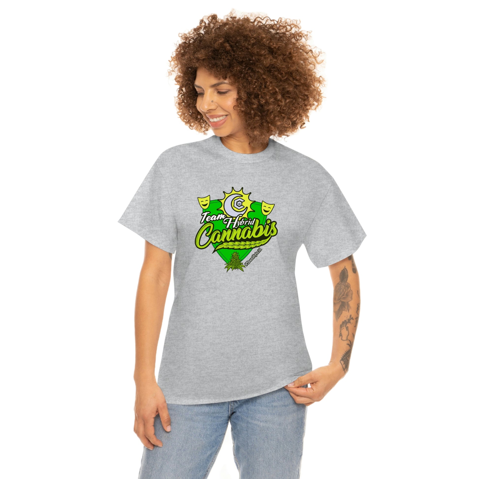 a woman wearing a grey Team Hybrid Cannabis T-Shirt with a green and yellow logo.