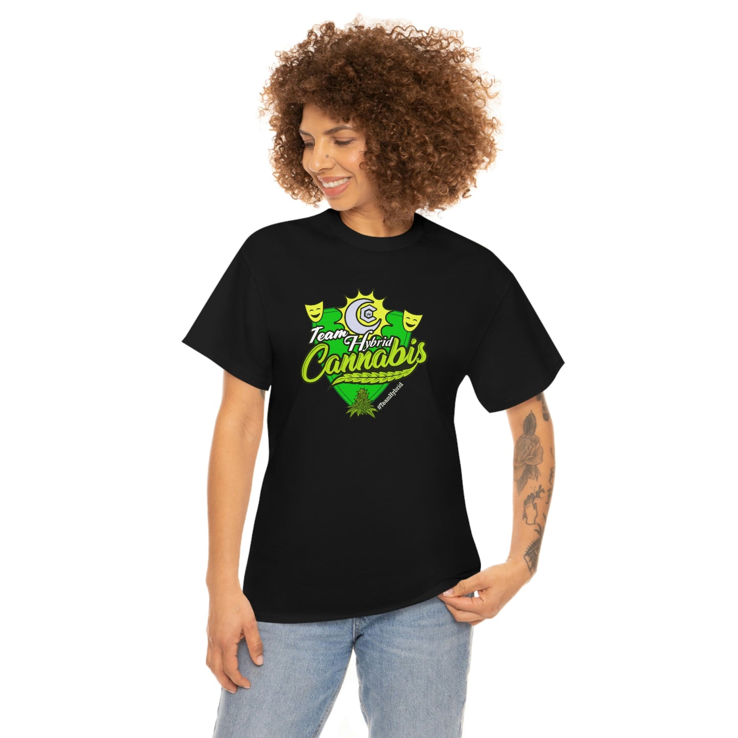 a woman wearing a Team Hybrid Cannabis T-Shirt with a green and yellow logo.