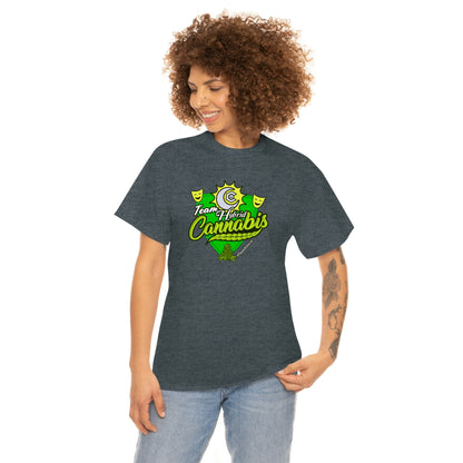 a woman wearing a Team Hybrid Cannabis T-Shirt with a green and yellow logo.