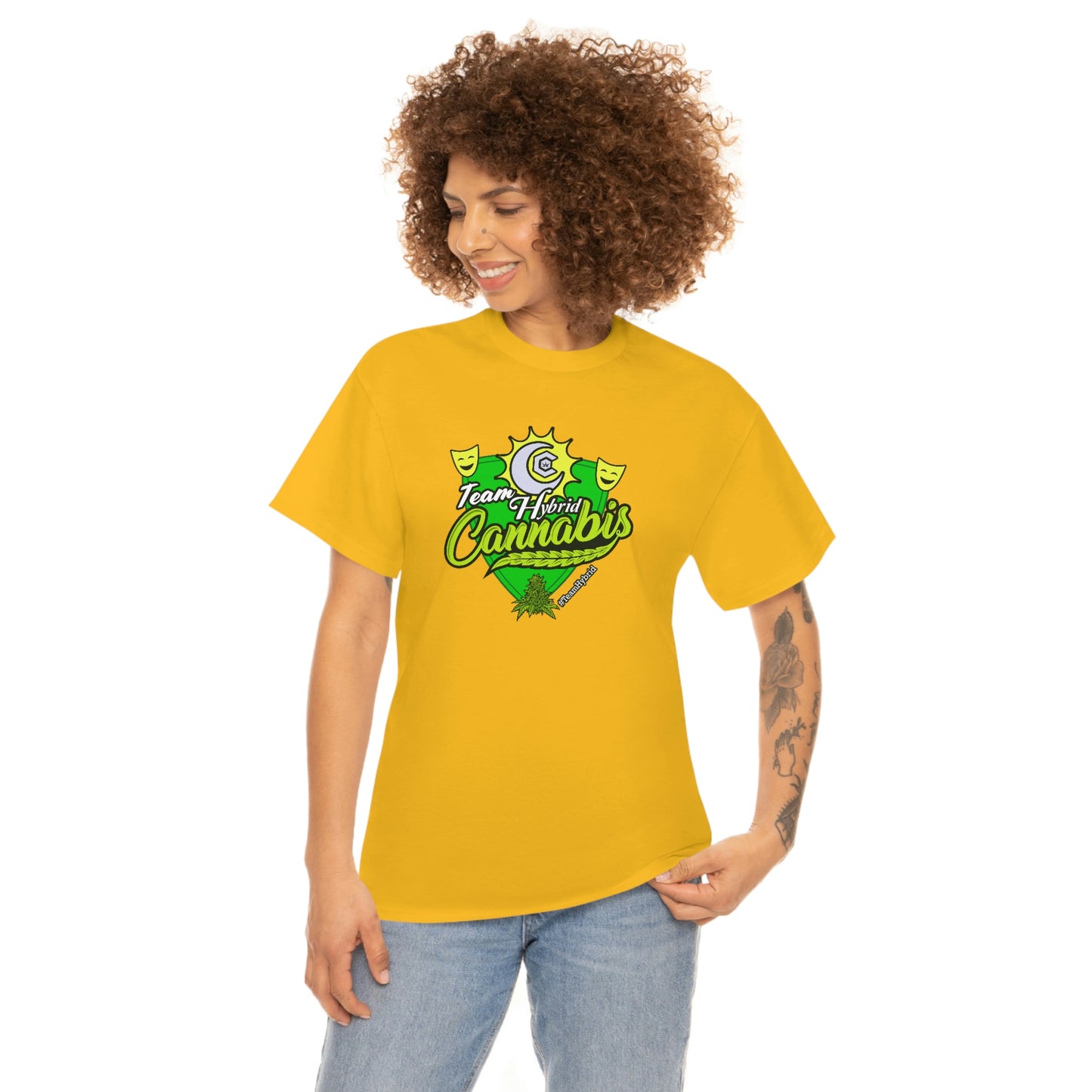 a woman wearing a yellow Team Hybrid Cannabis T-Shirt with a green logo.
