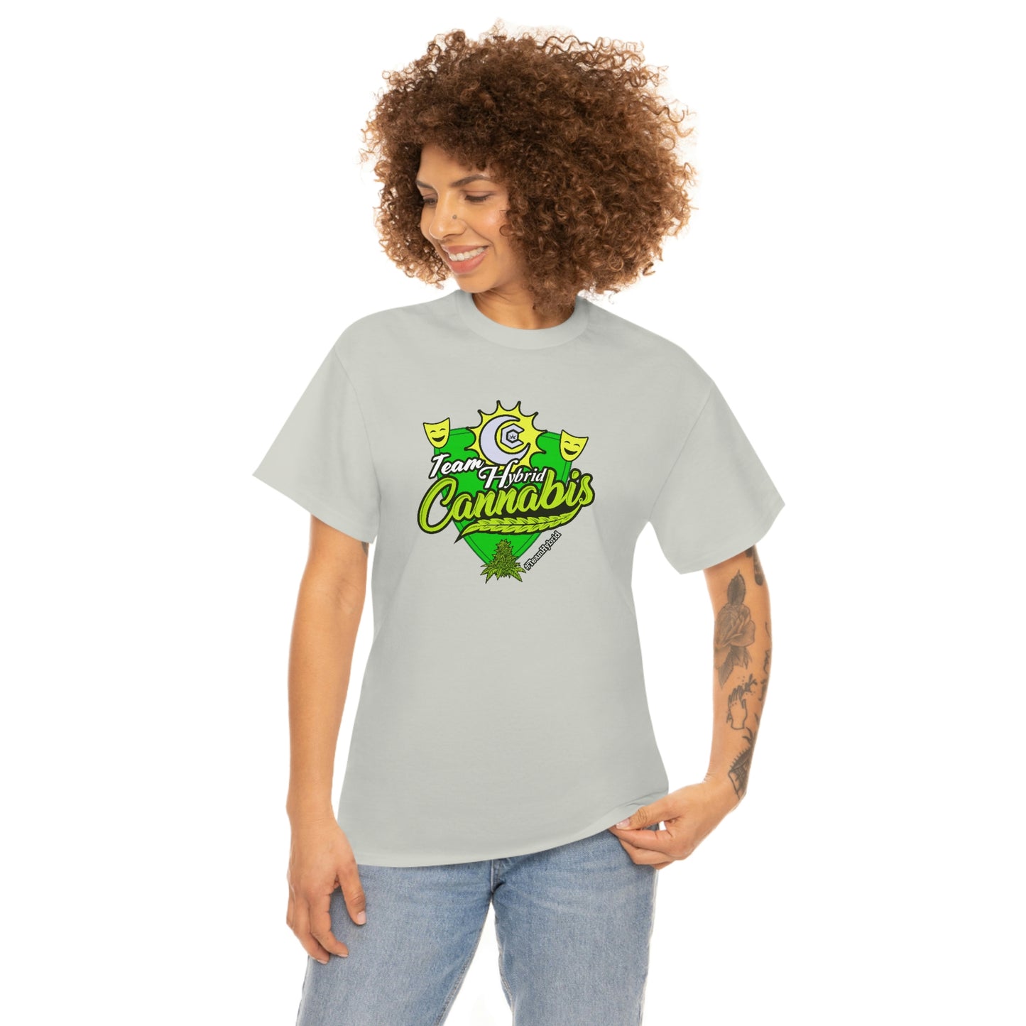 A woman wearing a Team Hybrid Cannabis T-Shirt with a green and yellow logo.