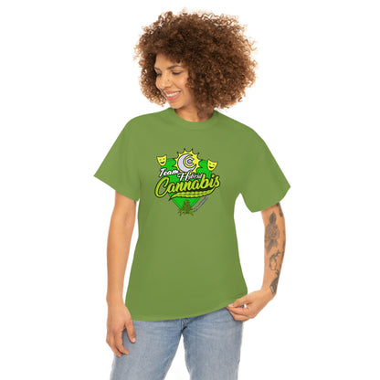 a woman wearing a green Team Hybrid Cannabis T-Shirt.