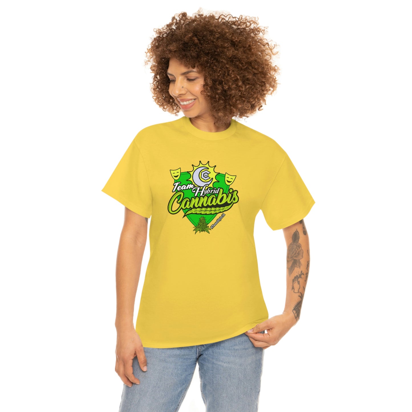 a woman wearing a yellow Team Hybrid Cannabis T-Shirt with a green logo.