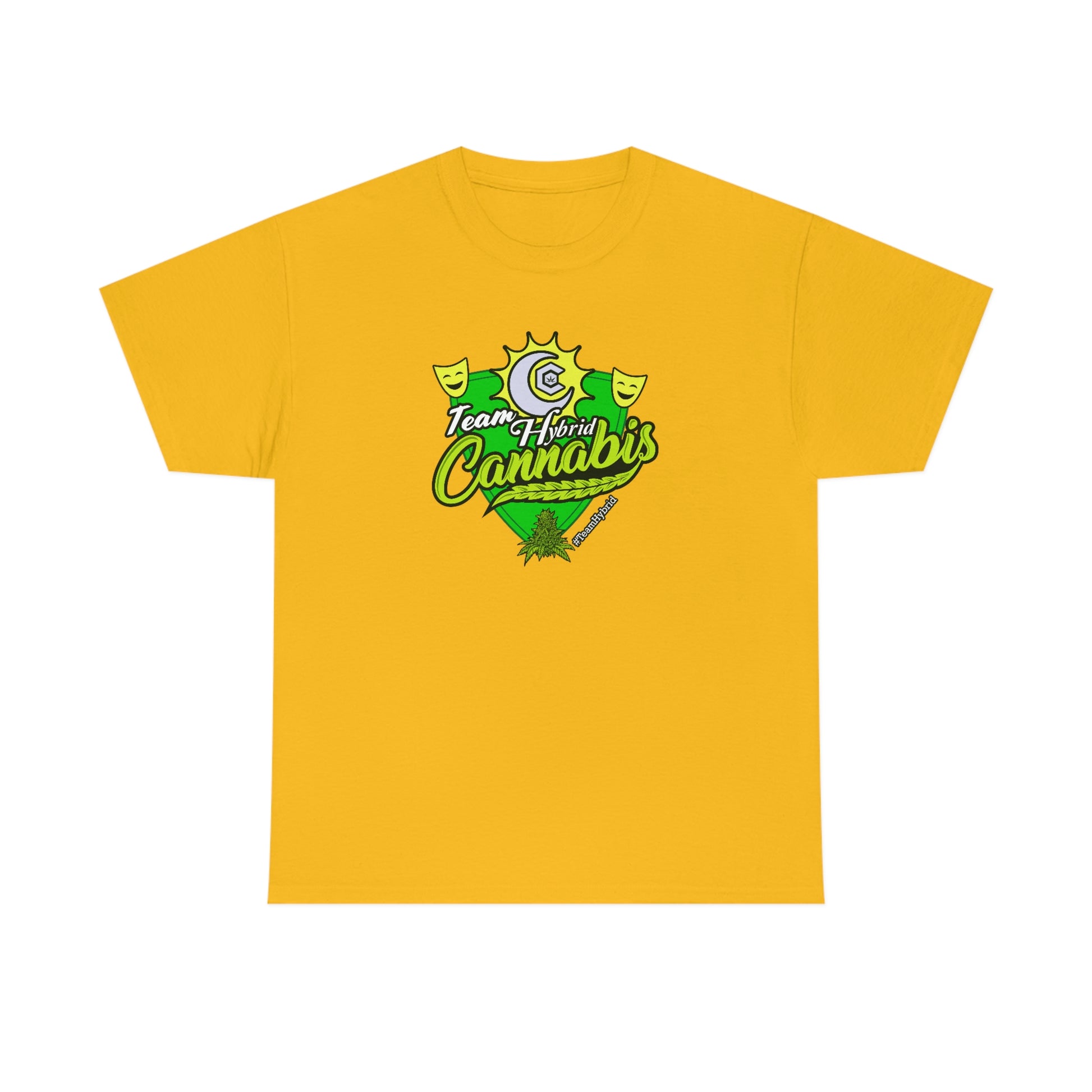 a yellow Team Hybrid Cannabis T-Shirt.