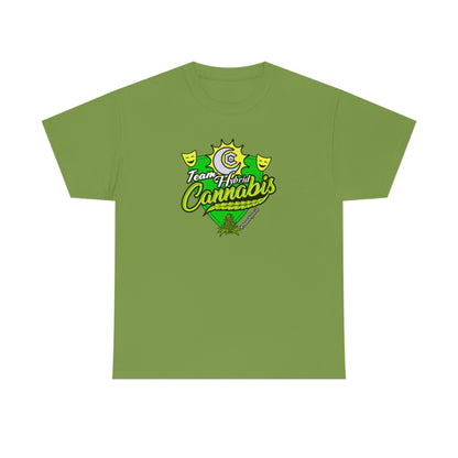 a green Team Hybrid Cannabis T-Shirt with the word cannabis on it.