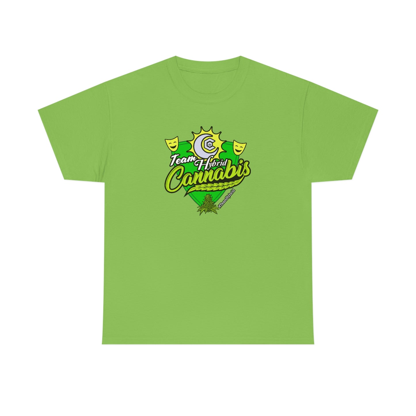a green Team Hybrid Cannabis T-Shirt with the word cannabis on it.