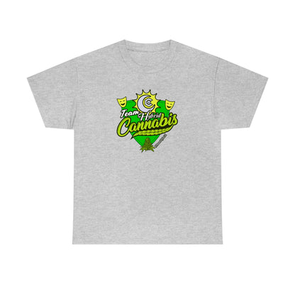 a gray Team Hybrid Cannabis T-Shirt with the word cannabis on it.