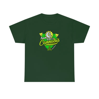 a green Team Hybrid Cannabis T-Shirt with the word cannabis on it.