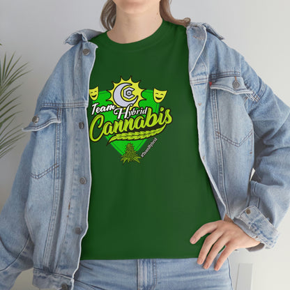 A woman wearing a Team Hybrid Cannabis T-shirt and jeans.