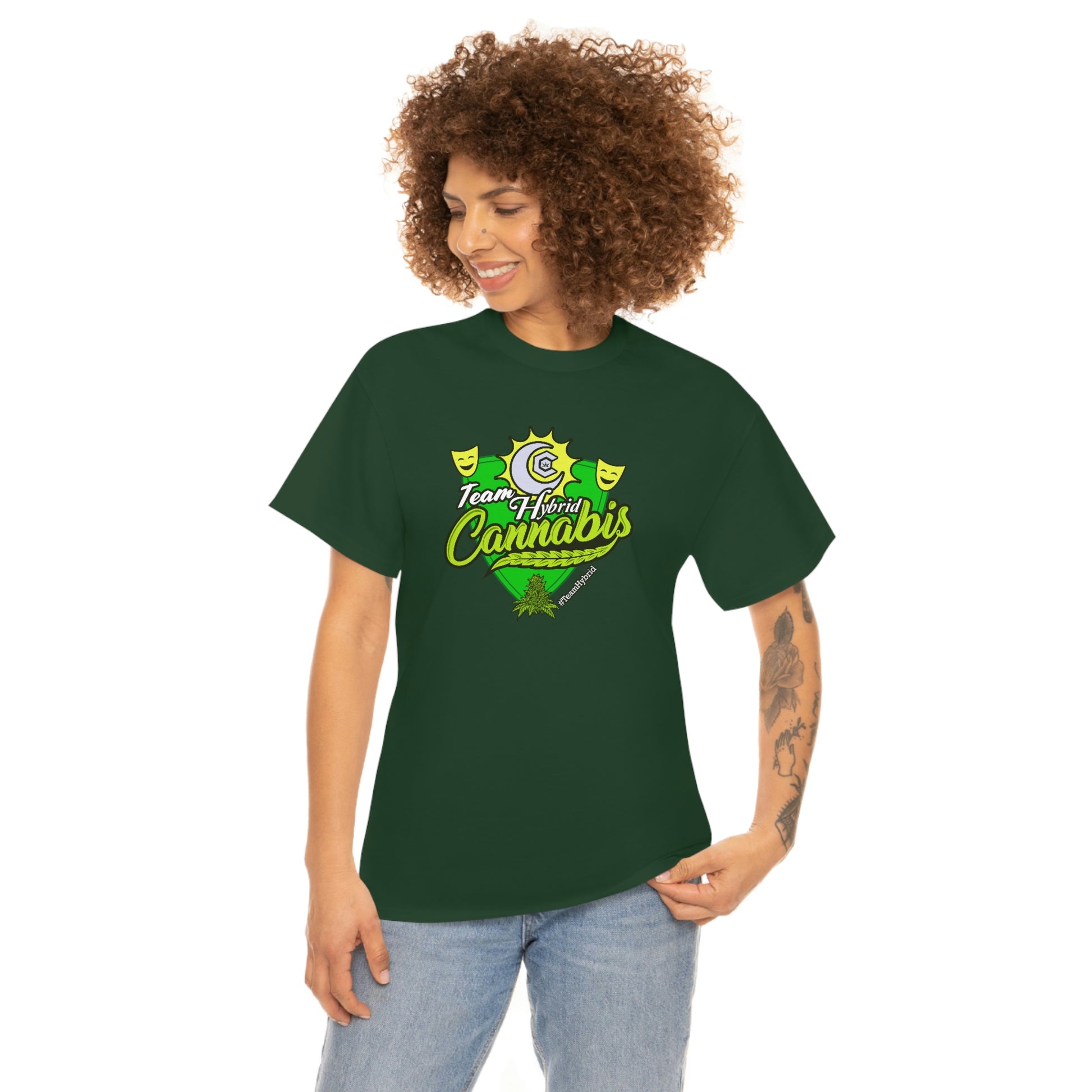 A woman wearing a Team Hybrid Cannabis T-Shirt with the word california on it.