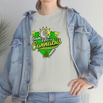 a woman wearing a Team Hybrid Cannabis T-Shirt.