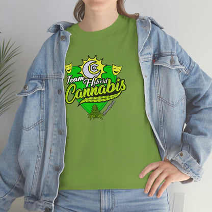 A woman wearing a Team Hybrid Cannabis T-Shirt and jeans.