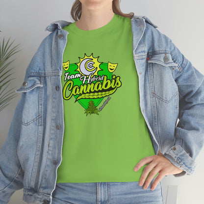 a woman wearing a Team Hybrid Cannabis T-Shirt and jeans.