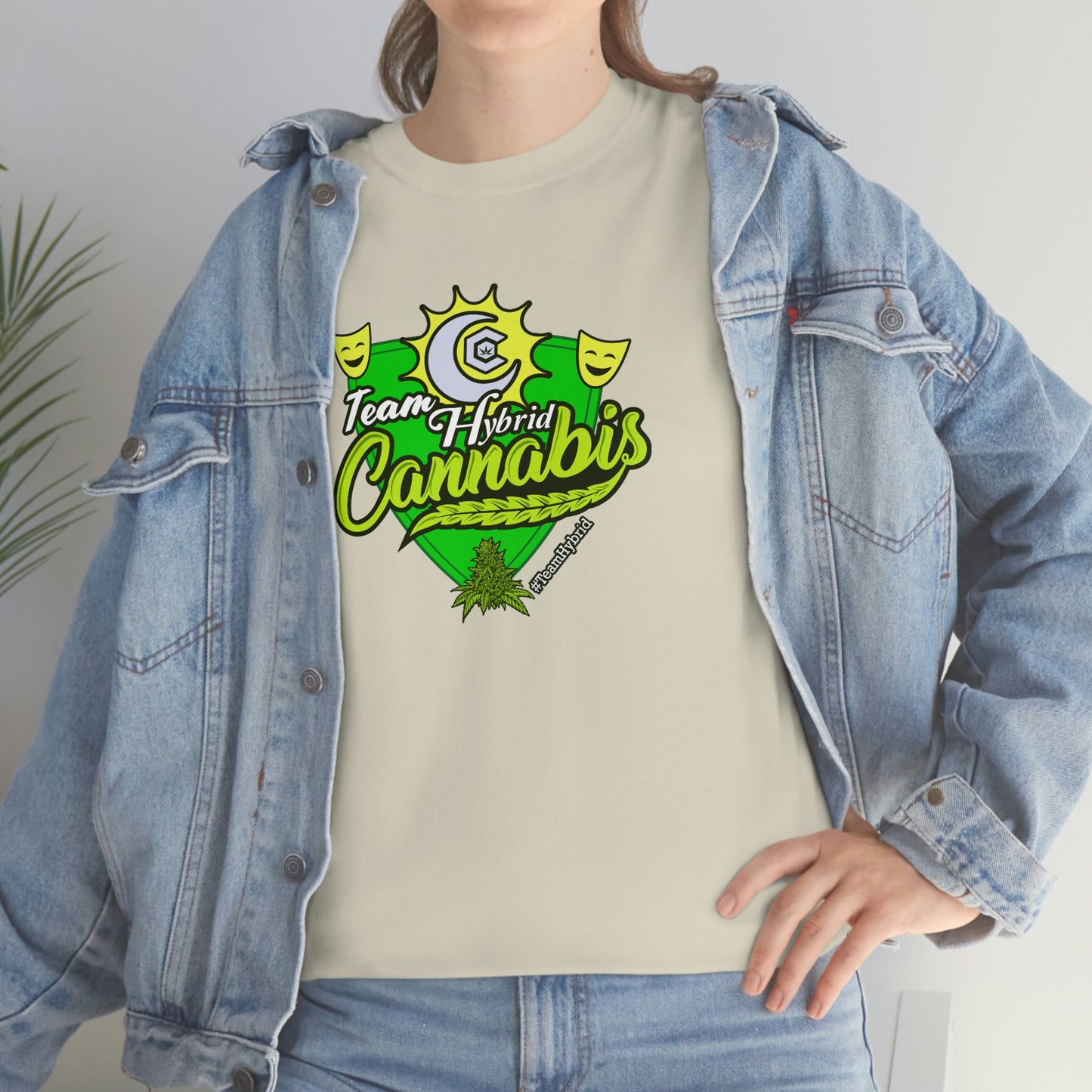 a woman wearing jeans and a Team Hybrid Cannabis T-Shirt.