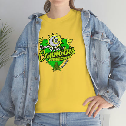 a woman wearing a yellow Team Hybrid Cannabis T-Shirt and jeans.