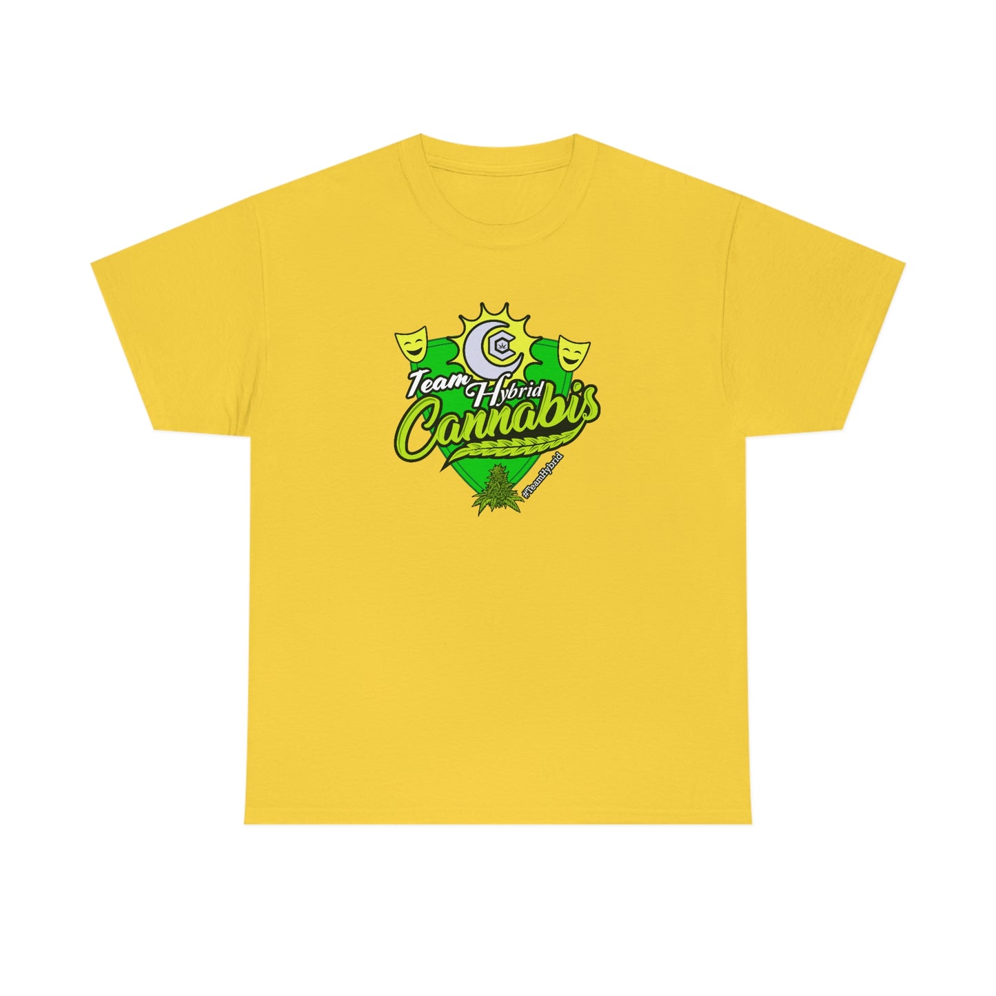a yellow Team Hybrid Cannabis T-Shirt with the word cannabis on it.