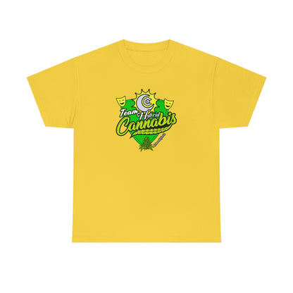 a yellow Team Hybrid Cannabis T-Shirt with the word cannabis on it.