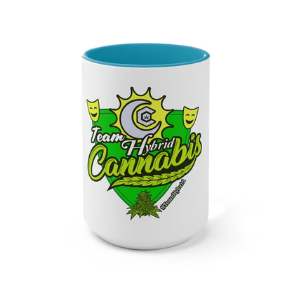 a Team Hybrid Cannabis Mug with the words team house cannabis on it.