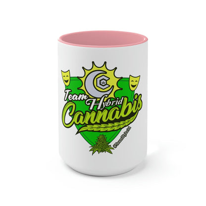 a coffee mug with the words Team Hybrid Cannabis on it.