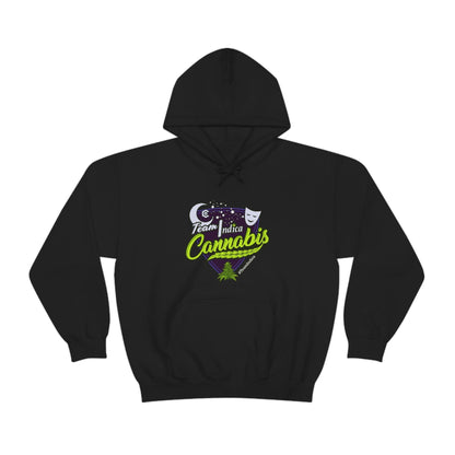 a black hooded sweatshirt with the product name "Team Indica Cannabis Pullover" on it