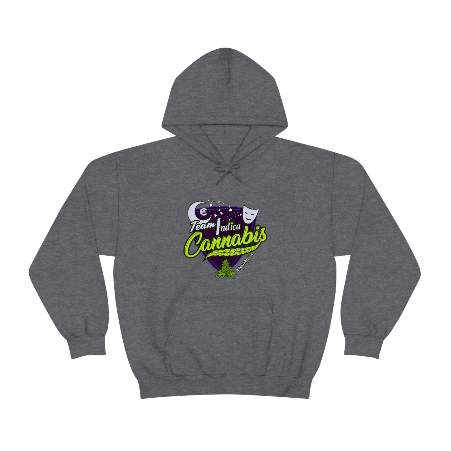 a grey Team Indica Cannabis Pullover with the word 'cannabis' on it.