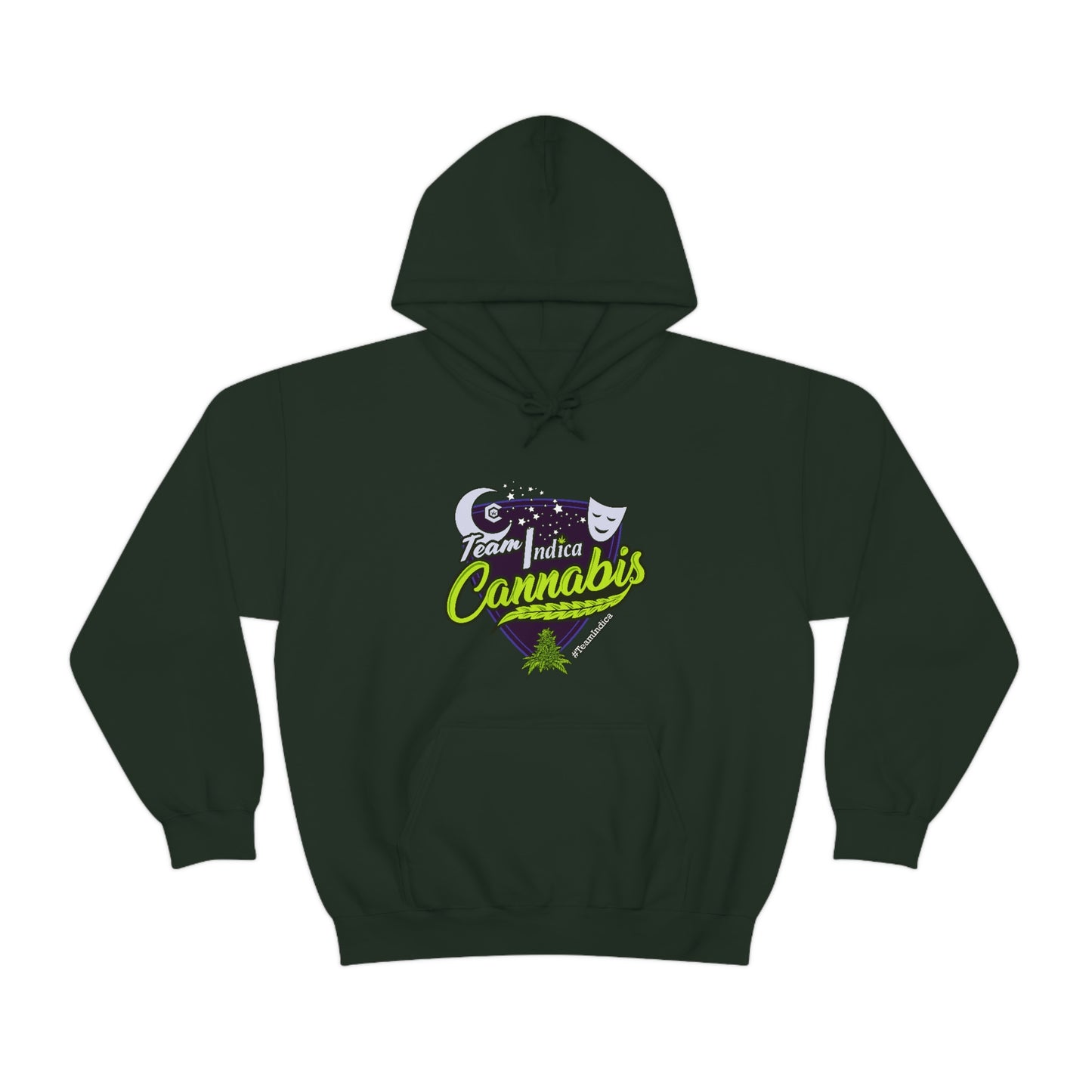 a green hooded sweatshirt with the word 'Team Indica Cannabis Pullover' on it.