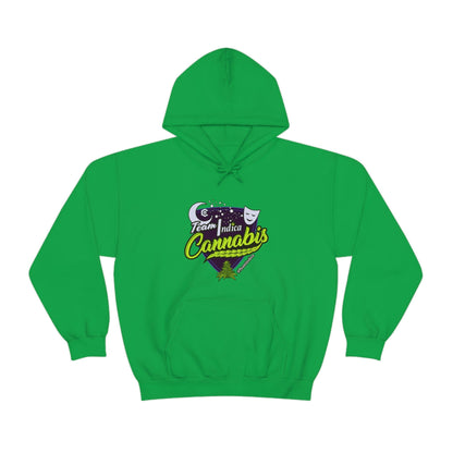 a Team Indica Cannabis Pullover with a purple and green logo on it.