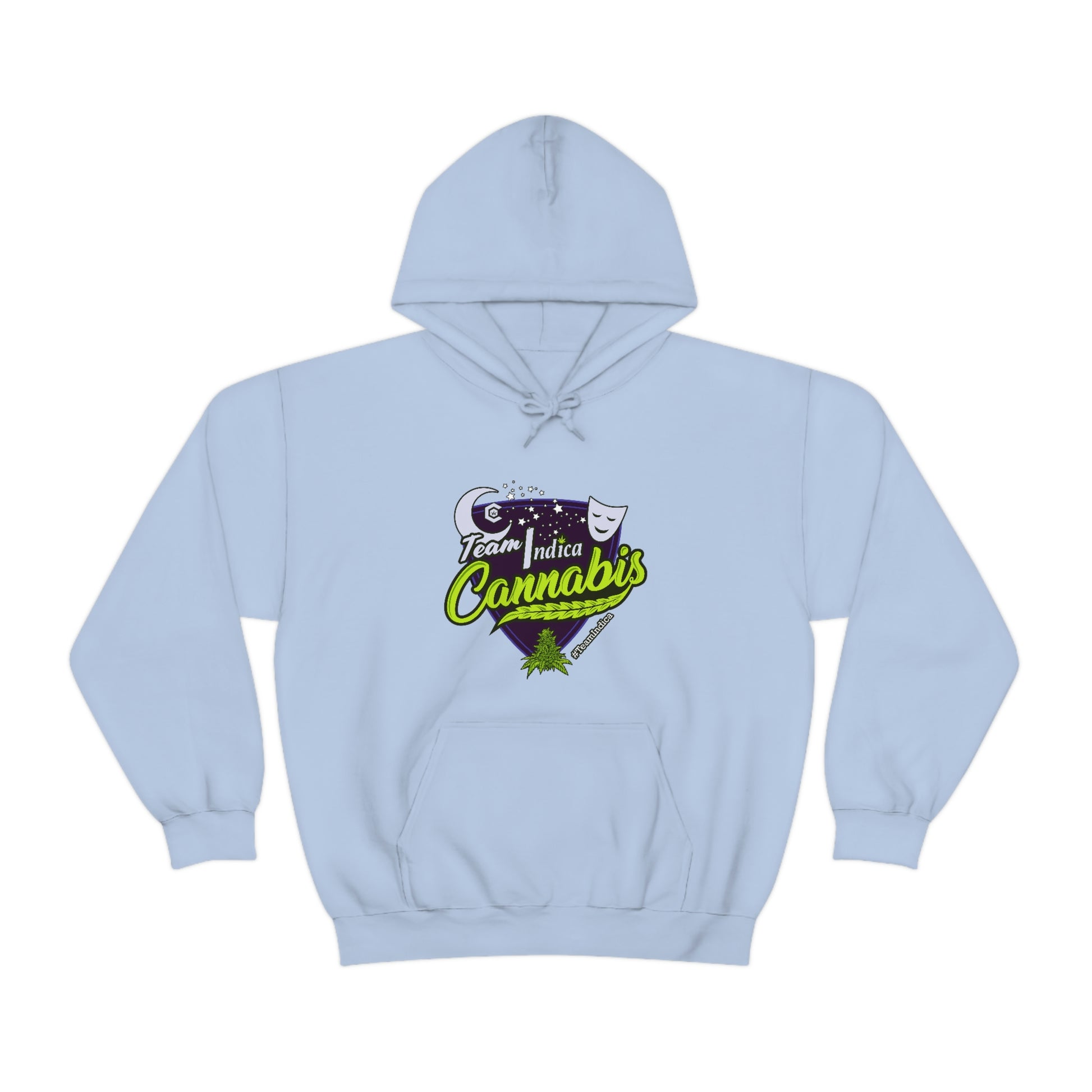 a light blue Team Indica Cannabis Pullover with a purple and green logo.