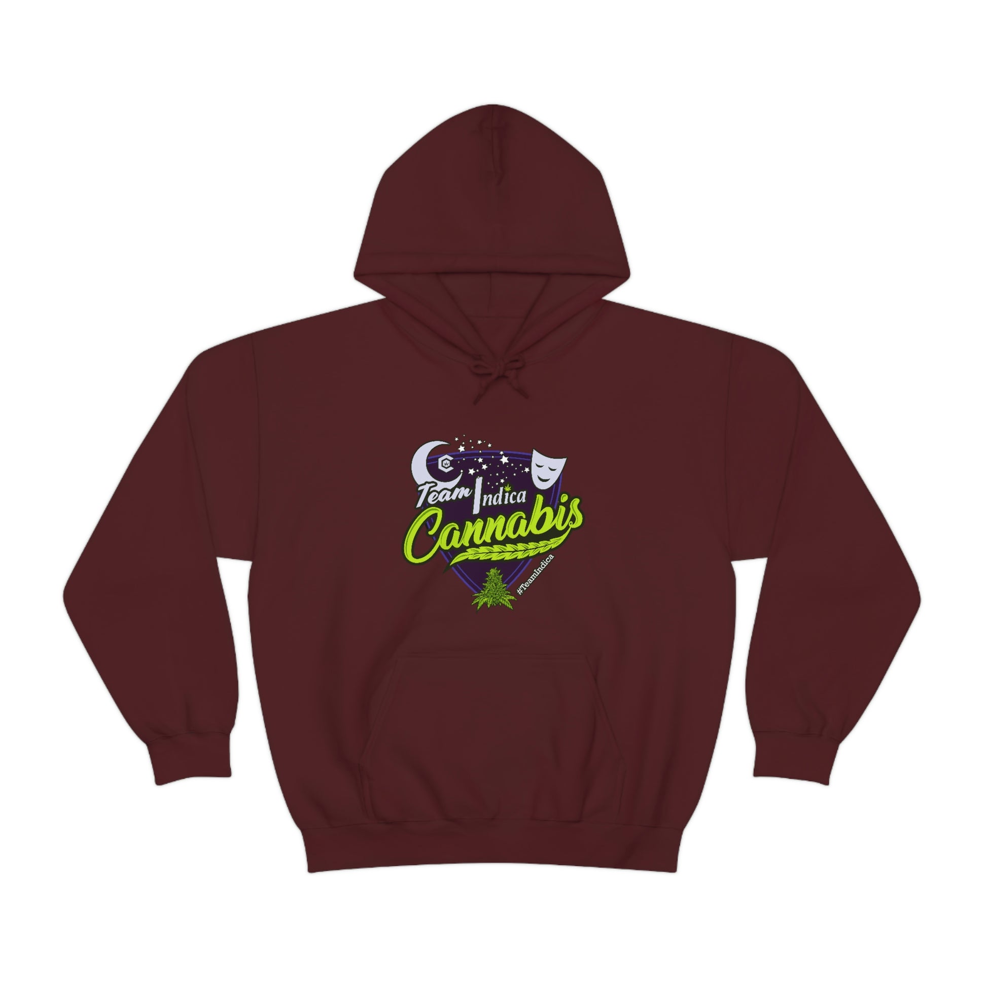 a Team Indica Cannabis Pullover with a green and purple logo.