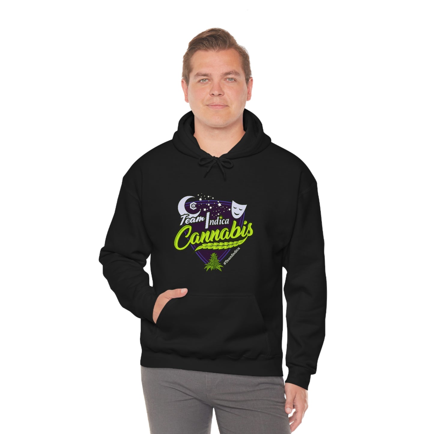 a man wearing a black Team Indica Cannabis Pullover hoodie.