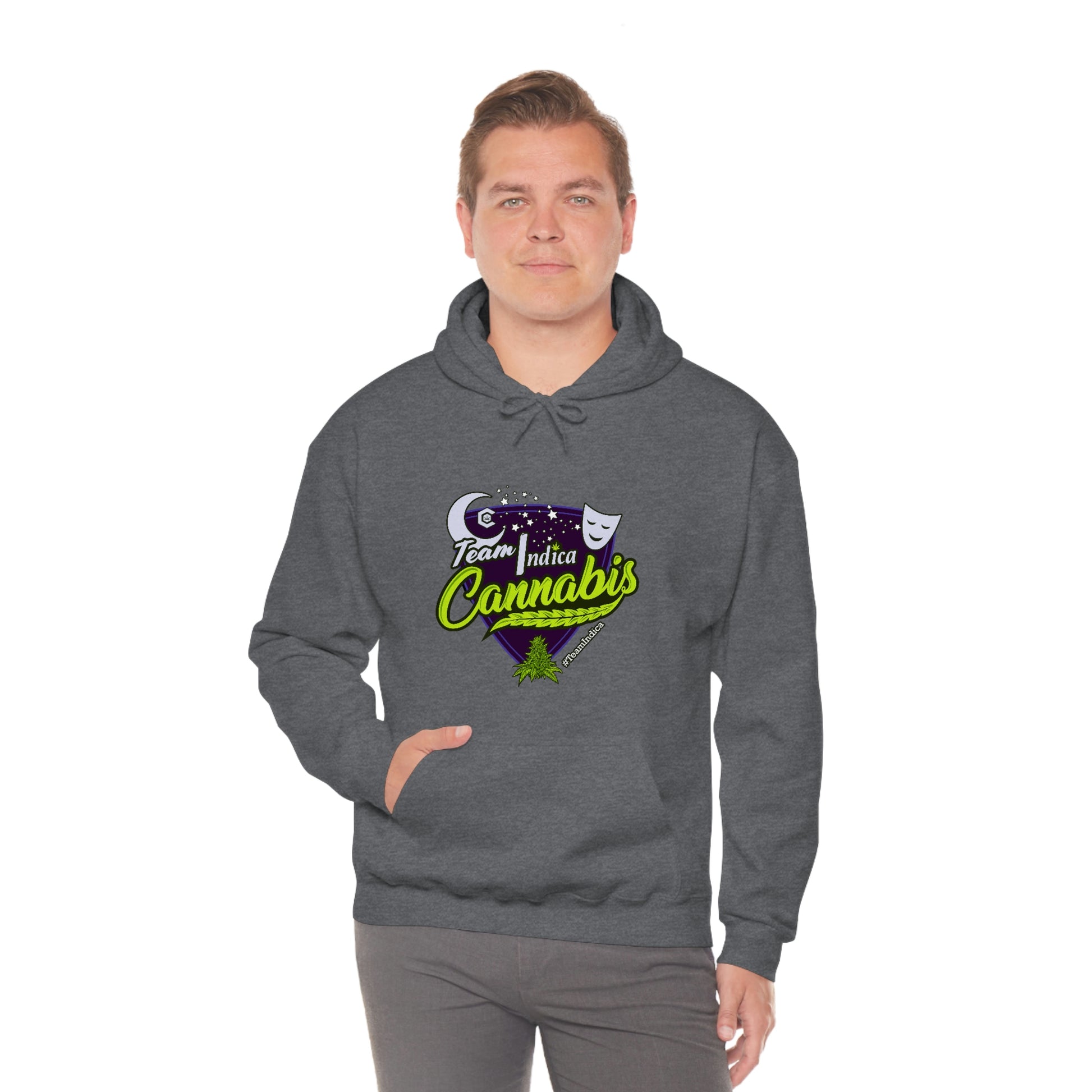 a man wearing a grey Team Indica Cannabis Pullover hoodie.