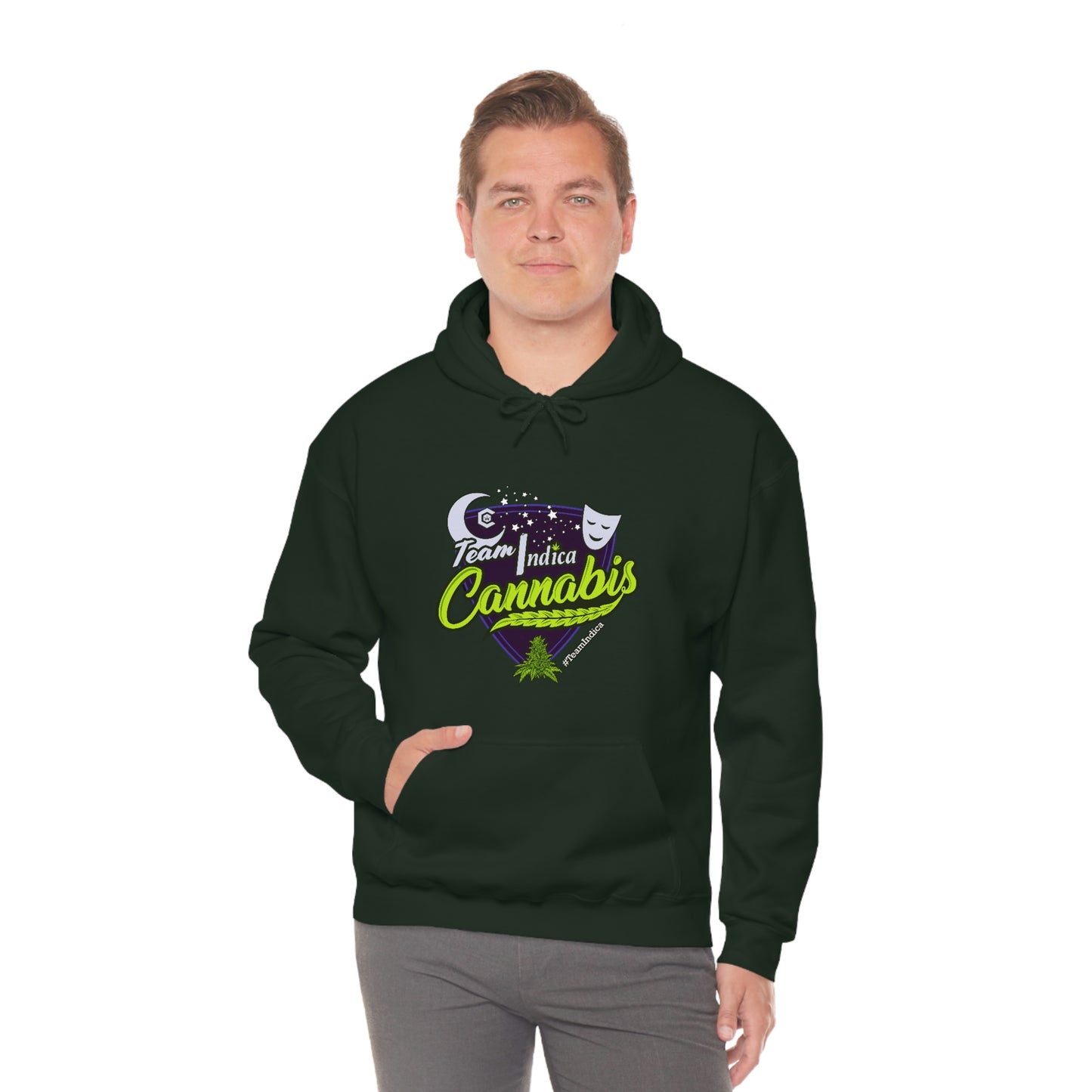 A man wearing a green hoodie with the words "Team Indica Cannabis Pullover" on it.