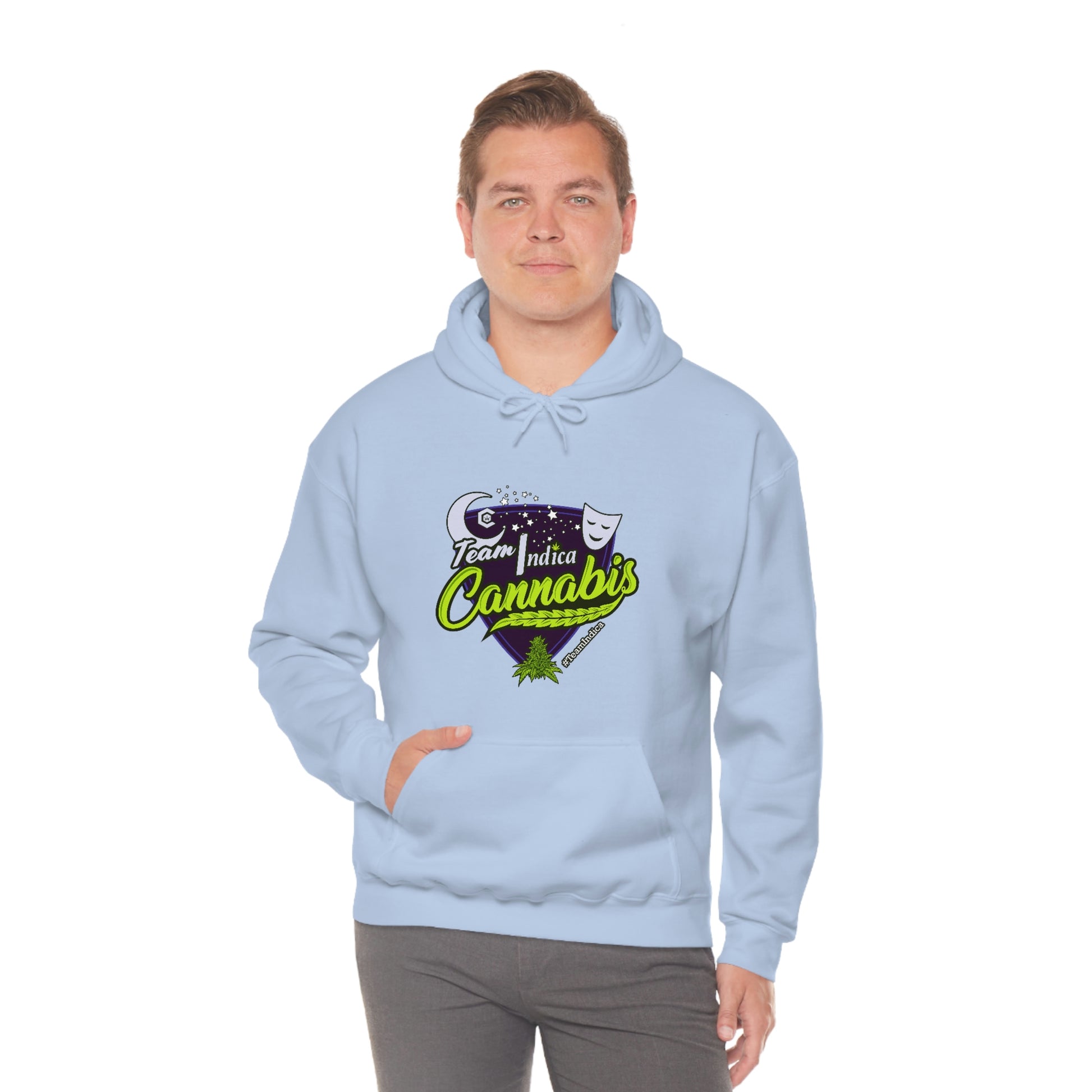 a man wearing a light blue Team Indica Cannabis Pullover hoodie with the word cannabis on it.