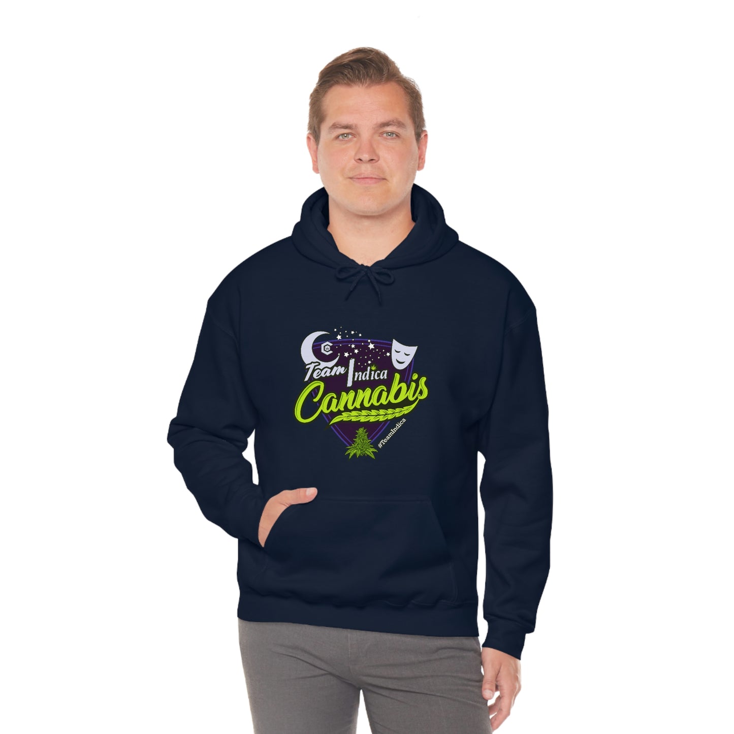 a man wearing a Team Indica Cannabis Pullover hoodie.