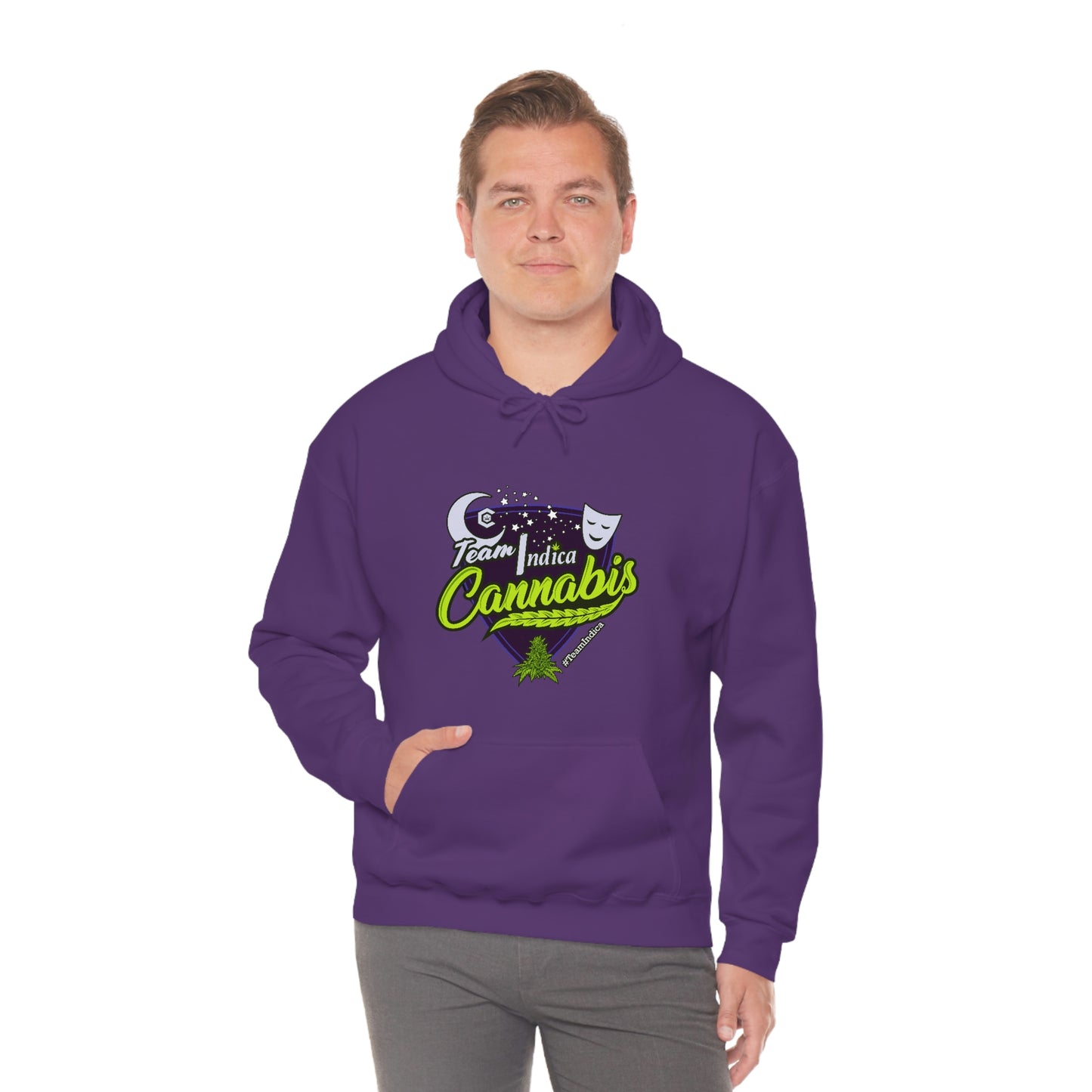 A man wearing a Team Indica Cannabis Pullover with the word cannabis on it.