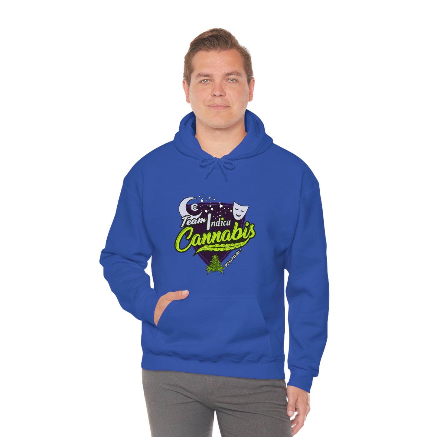 a man wearing a blue Team Indica Cannabis Pullover hoodie.