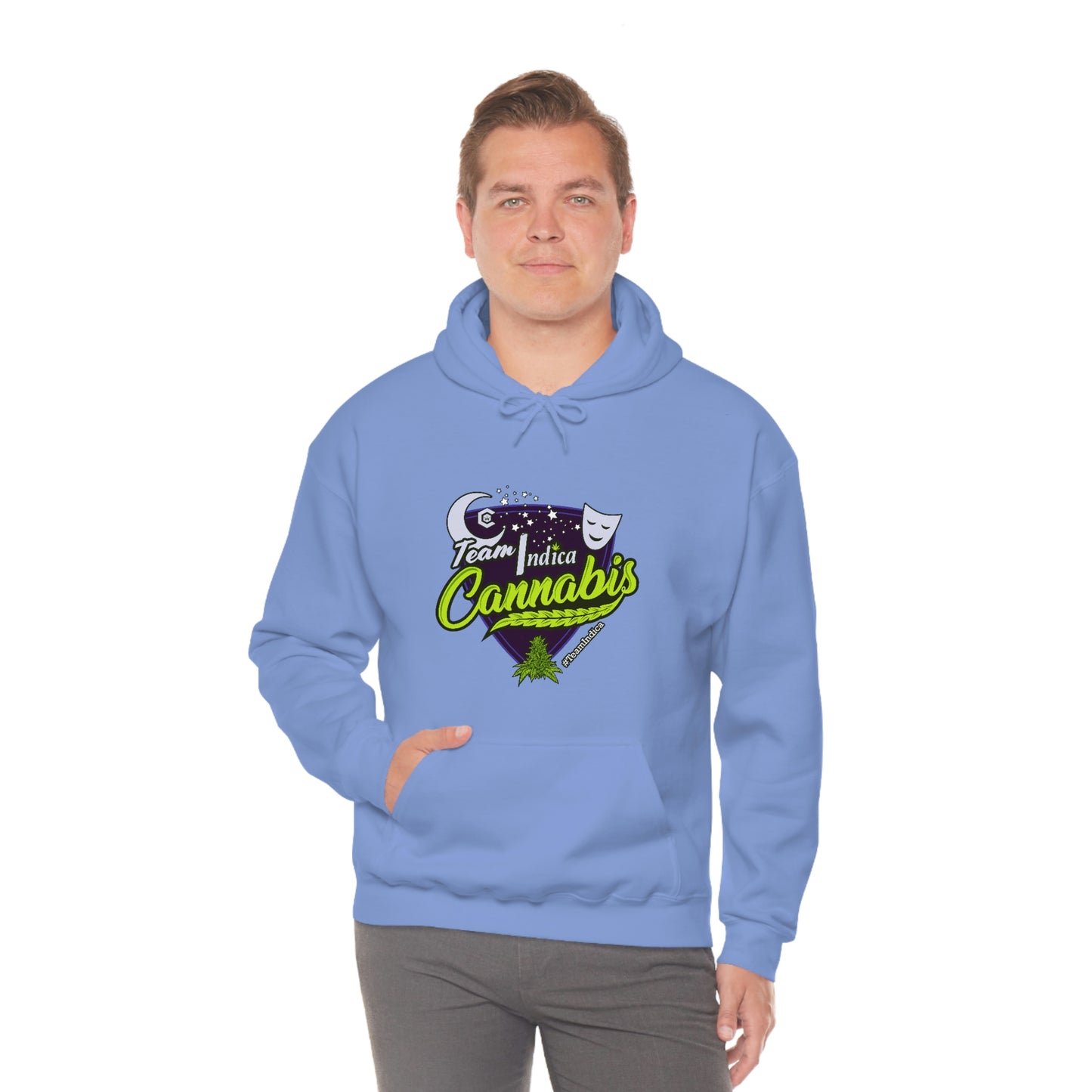 a man wearing a light blue Team Indica Cannabis Pullover with the word cannabis on it.