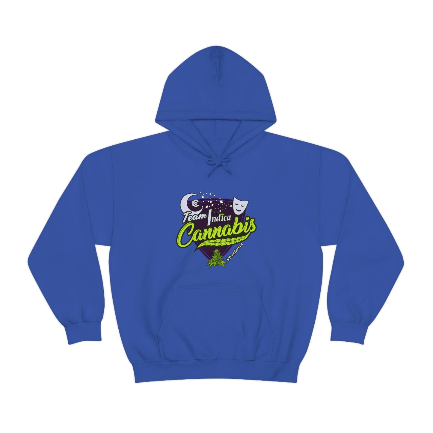 a blue Team Indica Cannabis Pullover with the word 'cannabis' on it.