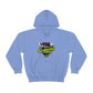 a blue Team Indica Cannabis Pullover with a purple and green logo on it.