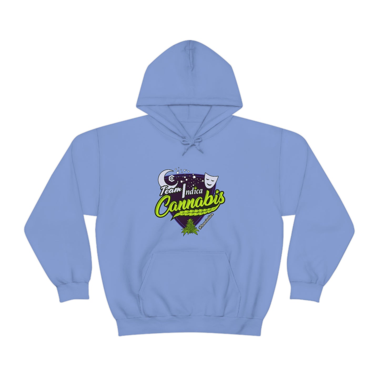 a blue Team Indica Cannabis Pullover with a purple and green logo on it.