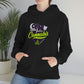 a woman wearing a black hoodie, the Team Indica Cannabis Pullover, with the words i love cannabis.