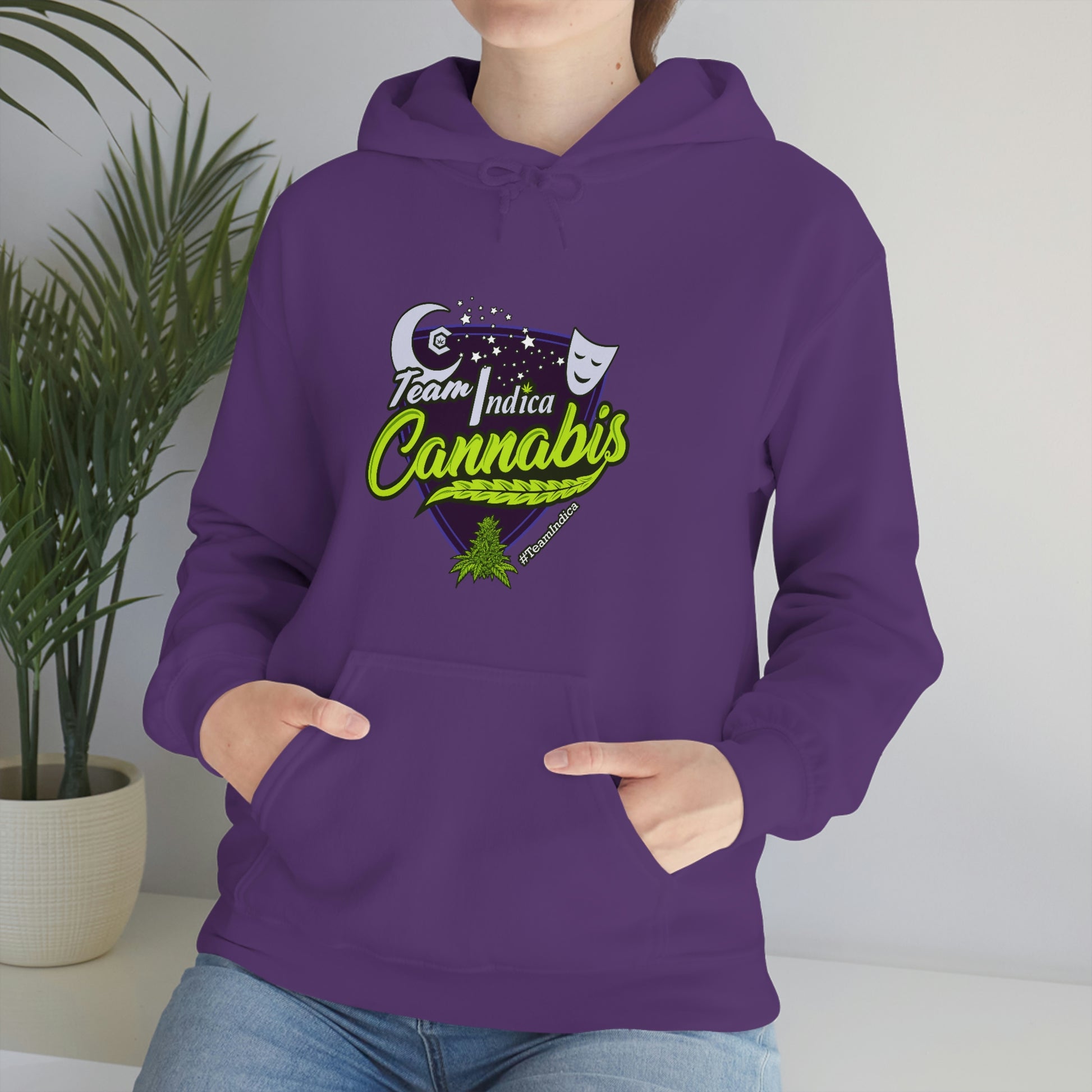 a woman wearing a purple Team Indica Cannabis Pullover
