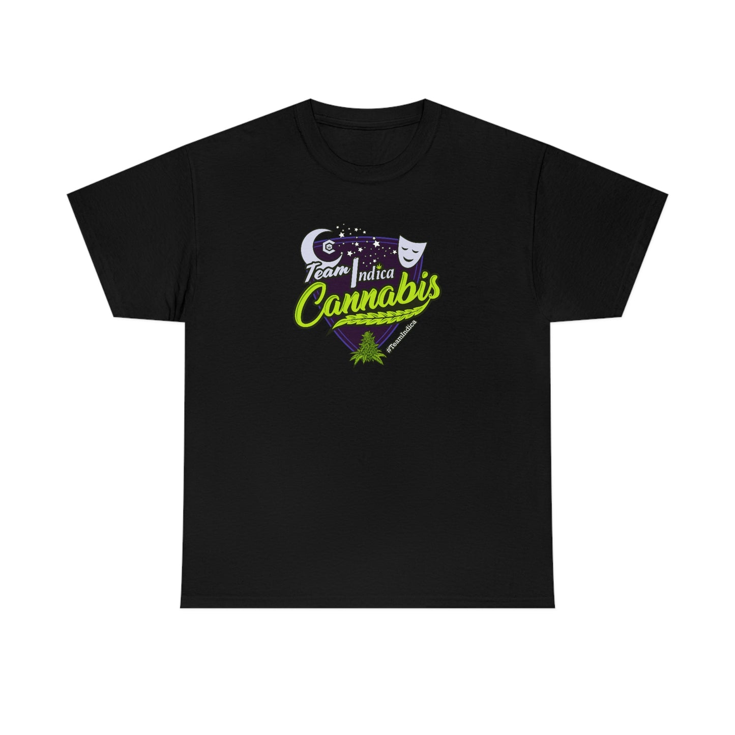 a black Team Indica Cannabis T-Shirt with the word cannabis on it.