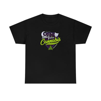 a black Team Indica Cannabis T-Shirt with the word cannabis on it.