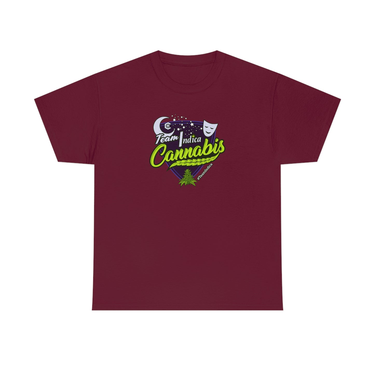 a maroon Team Indica Cannabis T-Shirt with the word cannabis on it.