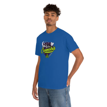 A man wearing a Team Indica Cannabis T-Shirt with a green and purple logo.