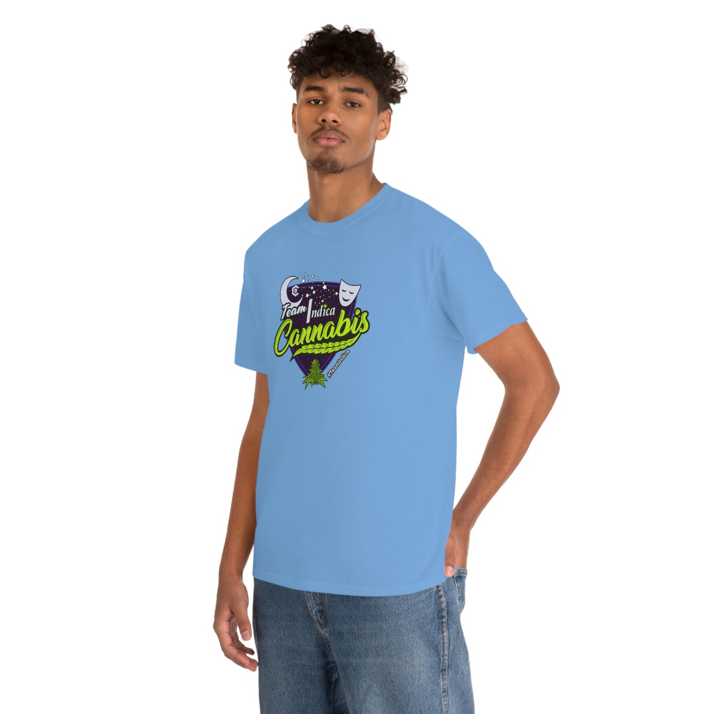 a man wearing a Team Indica Cannabis T-Shirt with a green and purple logo.