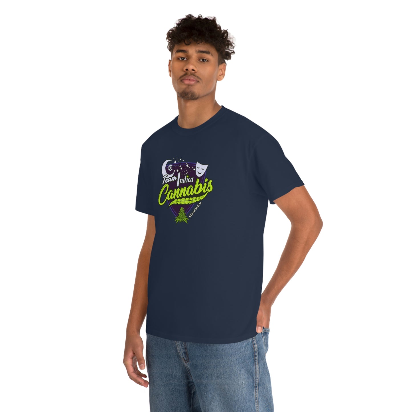 a young man wearing a navy Team Indica Cannabis T-Shirt with the word 'cannabis' on it.