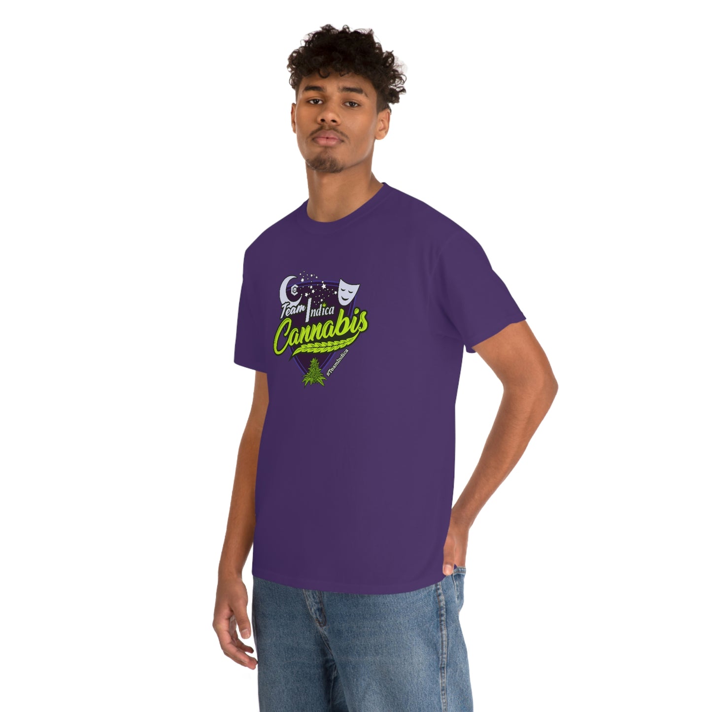 a man wearing a Team Indica Cannabis T-Shirt with a green and purple logo.